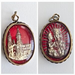 Vintage Saint Anne De Beaupre Red Mercury Glass Medal Religious Holy Catholic